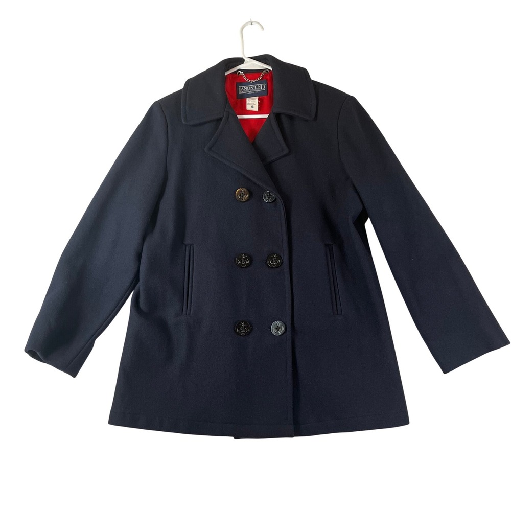 Vintage Lands End Pea Coat Pure Wool Double Breasted Navy Nautircal USA 1990s